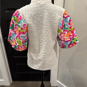 THML White Blouse with Vibrant Floral Sleeves